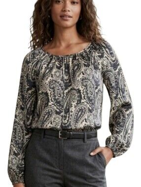 Banana Republic Womens Cream Black Gray Paisley Silky Long Sleeve‎ Blouse